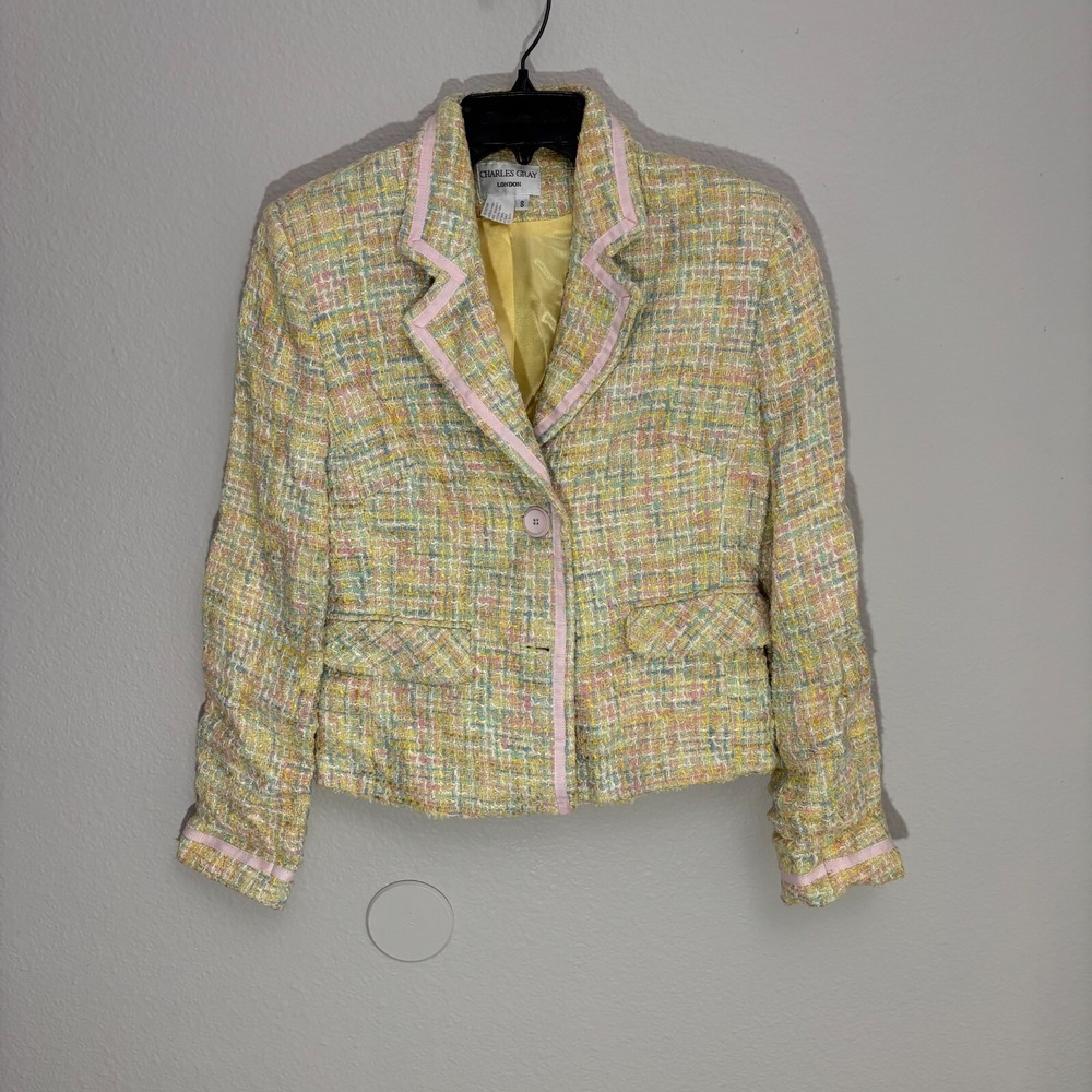 VTG Charles Gray London Yellow Single Breasted Tweed Blazer Jacket Womens‎ Small